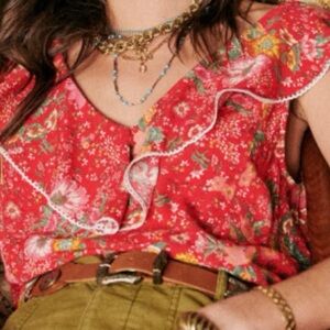 Sezane Red Floral Ruffle Blouse size 40 (US 8) excellent condition